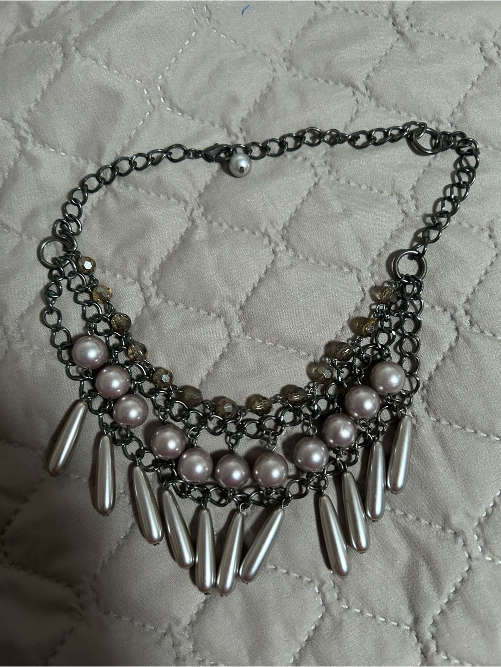 Statement Pearl and Gunmetal Fringe Necklace - Women Jewelry